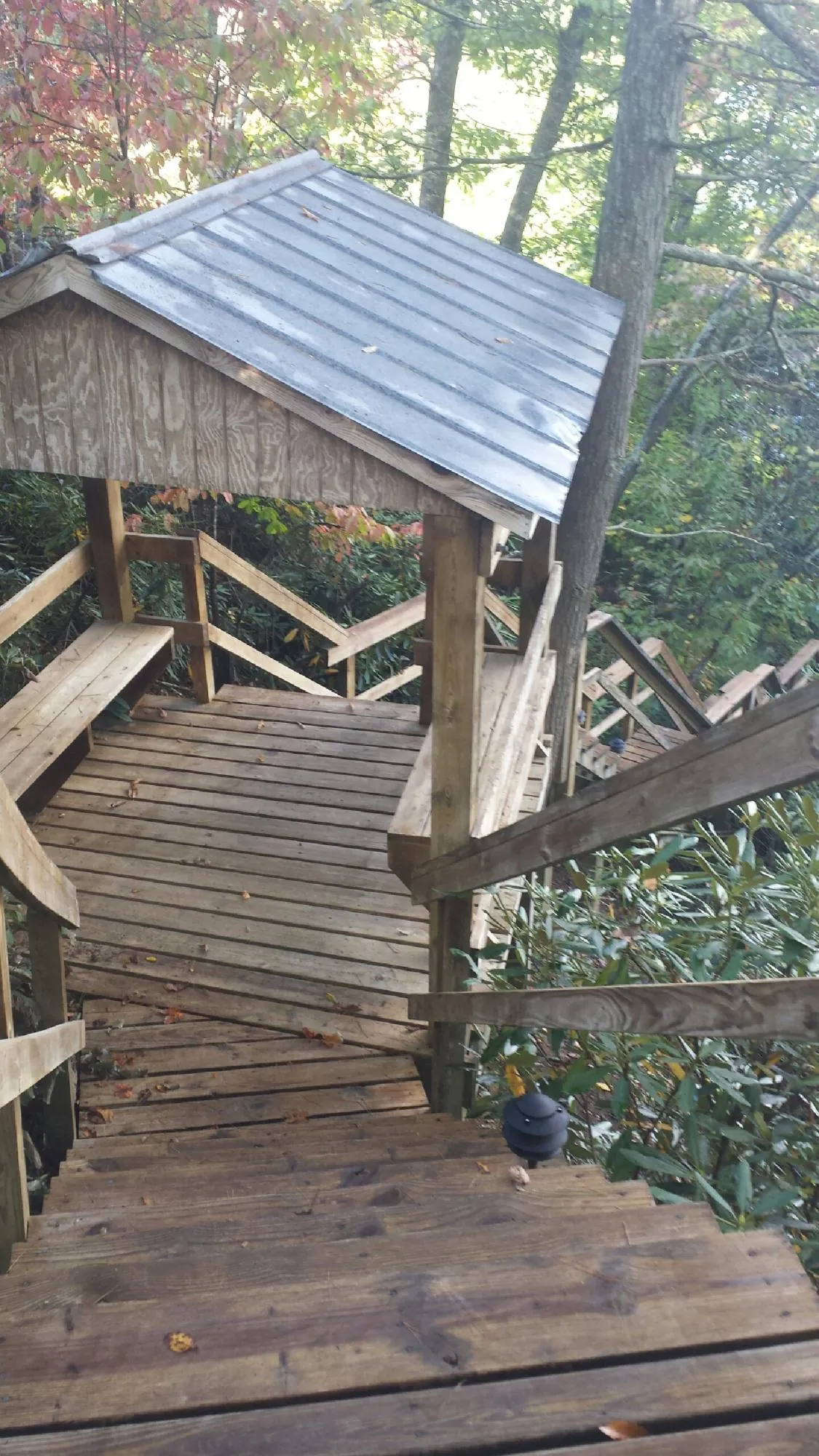 Metal roofed shelter over wooden steps on a wooded walkway — Skylight Repair & Installation work by our crew in Poca